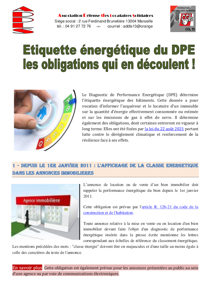 ADDLS étiquette énergétique du DPE obligations en découlant